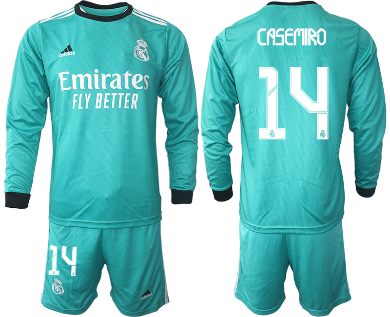 Men 2021-2022 Club Atletico Madrid second away blue Long Sleeve #14 Soccer Jersey
